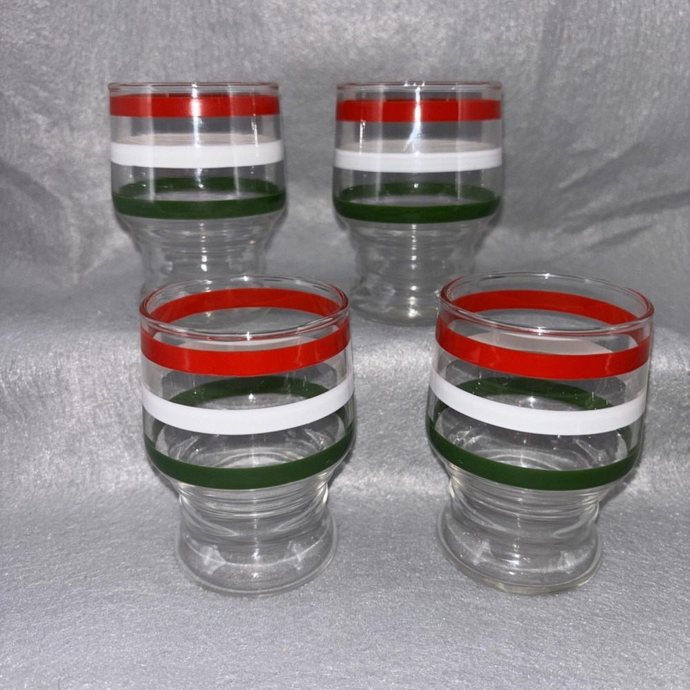 Vintage Anchor Hocking Fiesta Stripe Juice Glasses 5oz Red‎ White Green Set Of 4